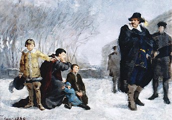 Kristina Banér Pleads for Her Husband (Painting by Helene Schjerfbeck, 1882, Charles IX on the right)