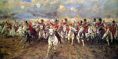 Painting of red-coated cavalrymen in bearskin hats galloping directly toward the viewer