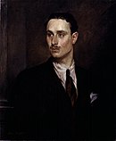 Chiaroscuro oil painting of Oswald Mosley with small moustache, white shirt and very dark tie and jacket, handkerchief in top pocket