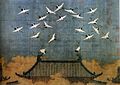 A painting depicting eighteen white cranes flying around the top of a curved roof. Two additional cranes are perched on the roof itself. The building that the roof is attached to is obscured by fog or haze.