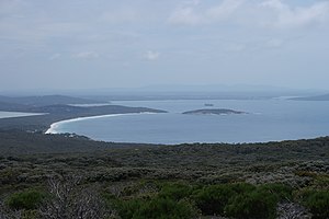 Blick über die Frenchman Bay von Süden mit Mistaken Island in der Bildmitte