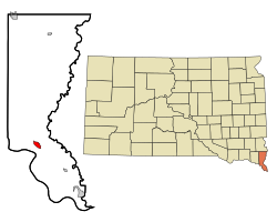Lage von Elk Point im Union County (links) und in South Dakota (rechts)