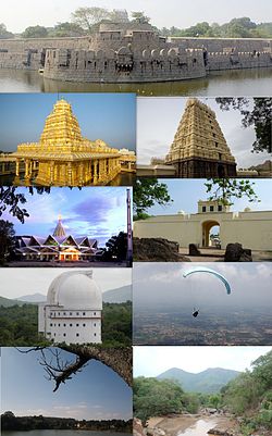 Clockwise from the top: Vellore Fort, Assumption Cathedral, Jalakandeswarar Temple, Christian Medical College & Hospital, Vellore Institute of Technology Campus, Amirthi Zoological Park, Paragliding at Yelagiri and Srilakshmi Golden Temple