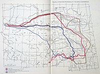 In addition to the two boundaries, this map by Hugh Richardson shows Henry McMahon's first proposals as dashed lines, and the Tibetan (brown) and Chinese (light blue) claims