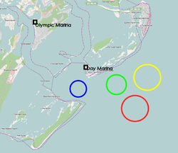 Black: Marinas Blue: Alpha course Green: Bravo course Yellow: Charly course Red: Delta course