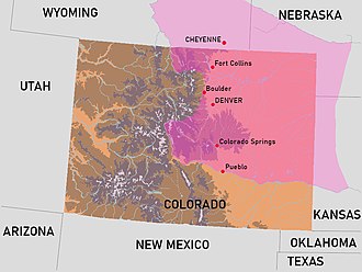 A topographical map of Colorado. It shows in pink the extent of Arapaho and Cheyenne territory in 1851. The southern boundary follows the Arkansas River From Kansas into the Rocky Mountains. The norther, the North Platt River, which runs through Nebraska and Wyoming. The western boundary follows the rivers where possible, but stops at the foothills in the Boulder area. The eastern border edges into Kansas, without any major geographical features as a basis for its shape.