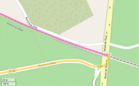 Area map of the crash site with routes of school bus (yellow line) and train (purple line) before collision.