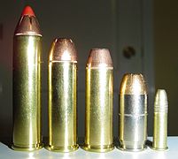 Left to right: .460 S&W Magnum, .454 Casull, .44 Magnum, .45 ACP, .22LR