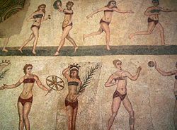 Mosaic of ancient women dressed for sports – Roman villa near Piazza Armerina – Sicily