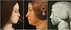 Comparison of the Portrait of Barbara Pallavicino with the certain ones of Barbara herself (left) and Beatrice (right).