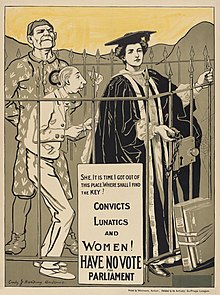 A poster in linework and gold colors, featuring a large menacing-looking man, a small frail-looking man, and a woman in academic robes. The wording on the poster: She. It is time I got out of this place. Where Shall I Find The Key? Convicts Lunatics and Women! Have no vote for Parliament