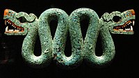Double-headed serpent, Turquoise, red and white mosaic on wood, Aztec (possibly) Mixtec, c. 1400–1521,