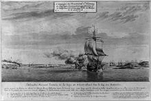 Entrance to the French squadron of d'Estaing in the Bay of Newport in 1778 under British gunfire.