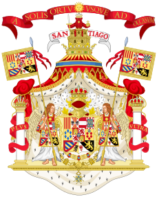 Full armorial achievement of the Monarch of Spain since Charles III with the Crest of the Castle and the Lion