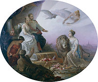 Painting "Allegory on the betrothal of Crown Prince Rudolf and Stephanie of Belgium" by Sophia and Marie Görlich, dated 1881.