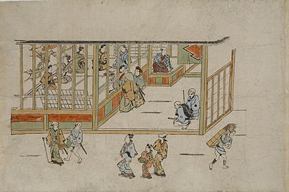 Lobby of a brothel from Yoshiwara no tei series, ca. 1680.