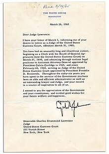 1965 acceptance of resignation letter from Lyndon Baines Johnson, US President, to Judge Charles Drummond Lawrence