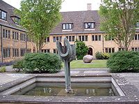 Sculptures and a pond in the Quad