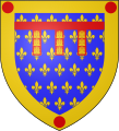 Arms of the département of Pas-de-Calais, based on the arms of the county of Artois. The label terminates at the bordure and is charged with castles Or.