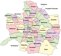 Location of Joghatai County in Razavi Khorasan Province (top left, green)