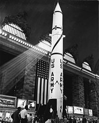 Redstone missile on display in Grand Central Terminal in New York, 7 July 1957