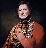 Painting shows a stern-looking, clean-shaven man wearing a red military coat.