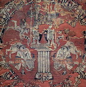 Byzantine silk textile with elevated twins receiving offerings (7th/8th century CE)