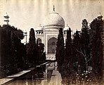Samuel Bourne, "The Taj from Fountain. Agra," 1863–1869, photograph mounted on cardboard sheet