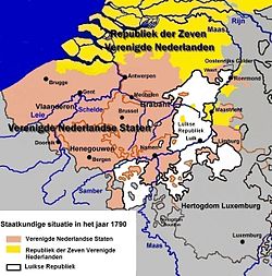 Map of the republic's territories (white) between the United Belgian States (salmon), the Dutch Republic (yellow) and other entities (grey)