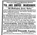 Tea & coffee warehouse advertisement listing teas for sale in the Boston Almanac, 1856, described as a 13-year-old business supplying "families, hotel keepers, boarding houses, ship's use, and schools"