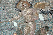 Mosaics of Eros are standing on the wings of two Psyches and whipping them on in Hatay Archaeology Museum