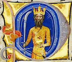 Gold depiction of a bearded king with a crown on his head, a sabre in his right hand and an orb in his left hand within a blue circle