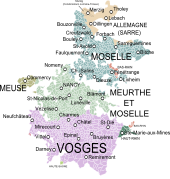 Map of the Duchy of Lorraine (1756), showing its somewhat dispersed communes by region of France and Germany, for the latter the English and German term for the region is Saarland.