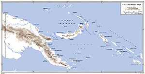 A map of eastern New Guinea, the Bismarck Archipelago and Solomon Islands with towns and elevations marked