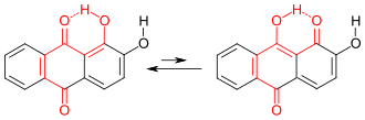 Tautomere Formen der chromophoren Gruppe (rot) des Alizarins