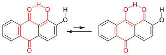 Tautomere Formen der chromophoren Gruppe (rot) des Alizarins