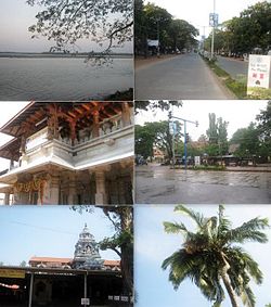Clockwise from top: Kundapur River, Main Road, Shastri Circle, Coconut tree, Anegudde Sri Vinayaka temple, Kollur Mookambika temple