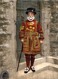 Yeoman Warder in Tudor State Dress, c. 1895 at Yeoman Warders, restored by Adam Cuerden