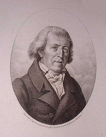 A printed portrait in black ink of a middle-aged white man in early 19th century dress