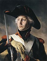 Painting shows a man in a large bicorne hat and a dark blue uniform with his hands resting on a musket.