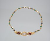 Necklace; circa 200 BC; gold, moonstone, garnet, emerald, cornelian, baroque pearl and banded agate; overall: 39.4 centimetres (15.5 in); Cleveland Museum of Art (Cleveland)