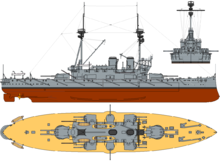A large ship carrying numerous guns in turrets with two tripod masts and two funnels