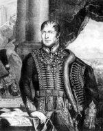 Black and white print of a balding man in a gaudy 19th-century hussar uniform. The front of the jacket consists of horizontal loops of lace and the dolman hangs off the man's left shoulder.