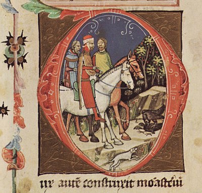 Chronicon Pictum, Hungarian, Hungary, Prince Álmos, King Coloman, horse, crow, hawk, hunting, forest, medieval, chronicle, book, illumination, illustration, history