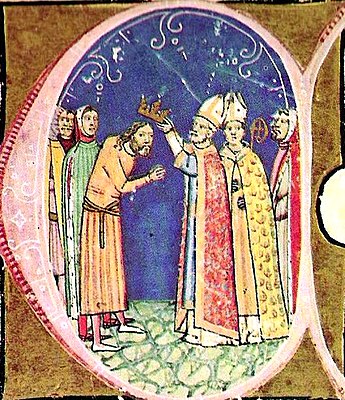 Chronicon Pictum, Hungarian, Hungary, King Coloman, crown, coronation, bishop, Holy Crown of Hungary, medieval, chronicle, book, illumination, illustration, history