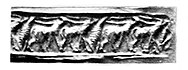 Sumerian cylinder seal with two long-horned antelopes with a tree or bush in front, excavated in Kish, Mesopotamia.[108][109]