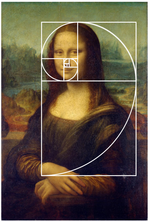 Die originale Mona Lisa mit weißen Linien und Kreisen, die den Brustbereich und das Gesicht geometrisch analysiert.