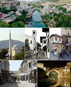 From top, left to right: A panoramic view of the heritage town site and the Neretva river from Lučki Bridge, Koski Mehmed Pasha Mosque, Mostar Clock Tower (Sahat Kula), Stari Most Museum, Bazzar Kujundžiluk in Mala Tepa heritage area and a night view of Stari Most and Neretva river.