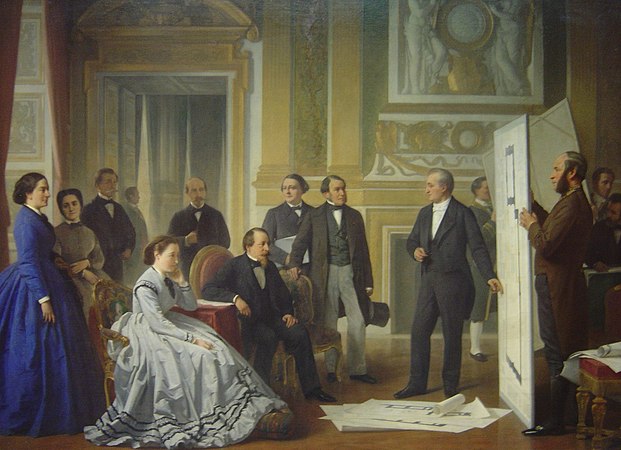 Visconti presents the plans for the Nouveau Louvre to Emperor Napoleon III and Empress Eugénie in 1853 at the Tuileries, painting by Jean-Baptiste-Ange Tissier (1865)