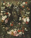 Nicolaes van Verendael: Blumengirlande mit einer Büste der Jungfrau Maria, ca. 1670–90, Öl auf Leinwand, 81 × 65 cm, Prado, Madrid. Die Inschrift unter der Büste Ego flos campi, setzt Maria mit der „Rose von Scharon“ gleich.